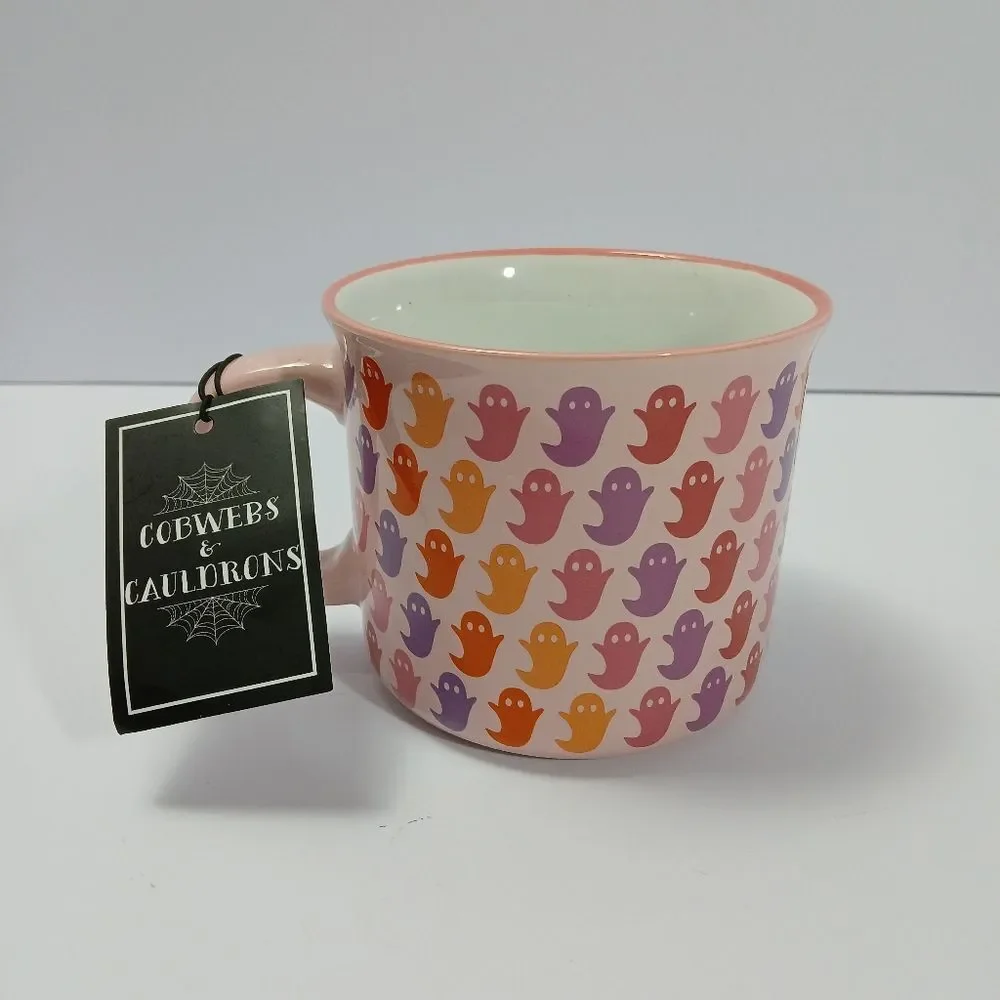 Cobwebs and‎ Cauldrons Halloween Coffee Mug Pink With multicolor Ghosts Mug